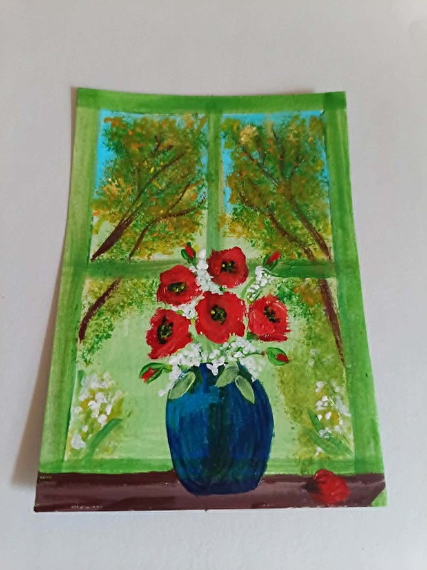 ACEO Poppies in Window Acrylic Painting Small Original Art by Jayne