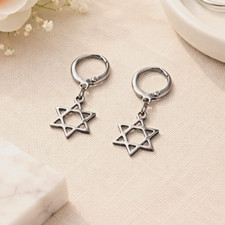 Star of David Charm Earrings - 925 Sterling Silver Plated Huggie Hoop Closures