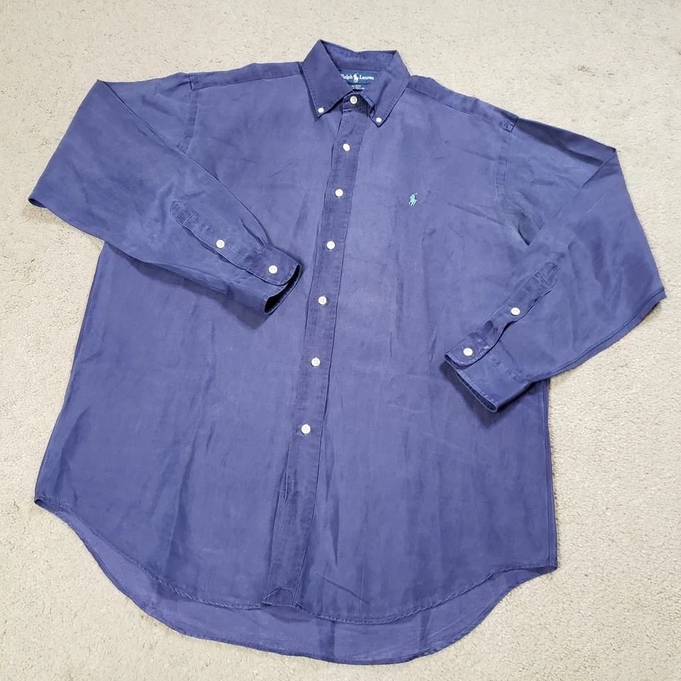 Camisa De Colección Ralph Lauren Seda Lino Hombres M Azul Verde Pony Blake Manga Larga Foto 3 de 4