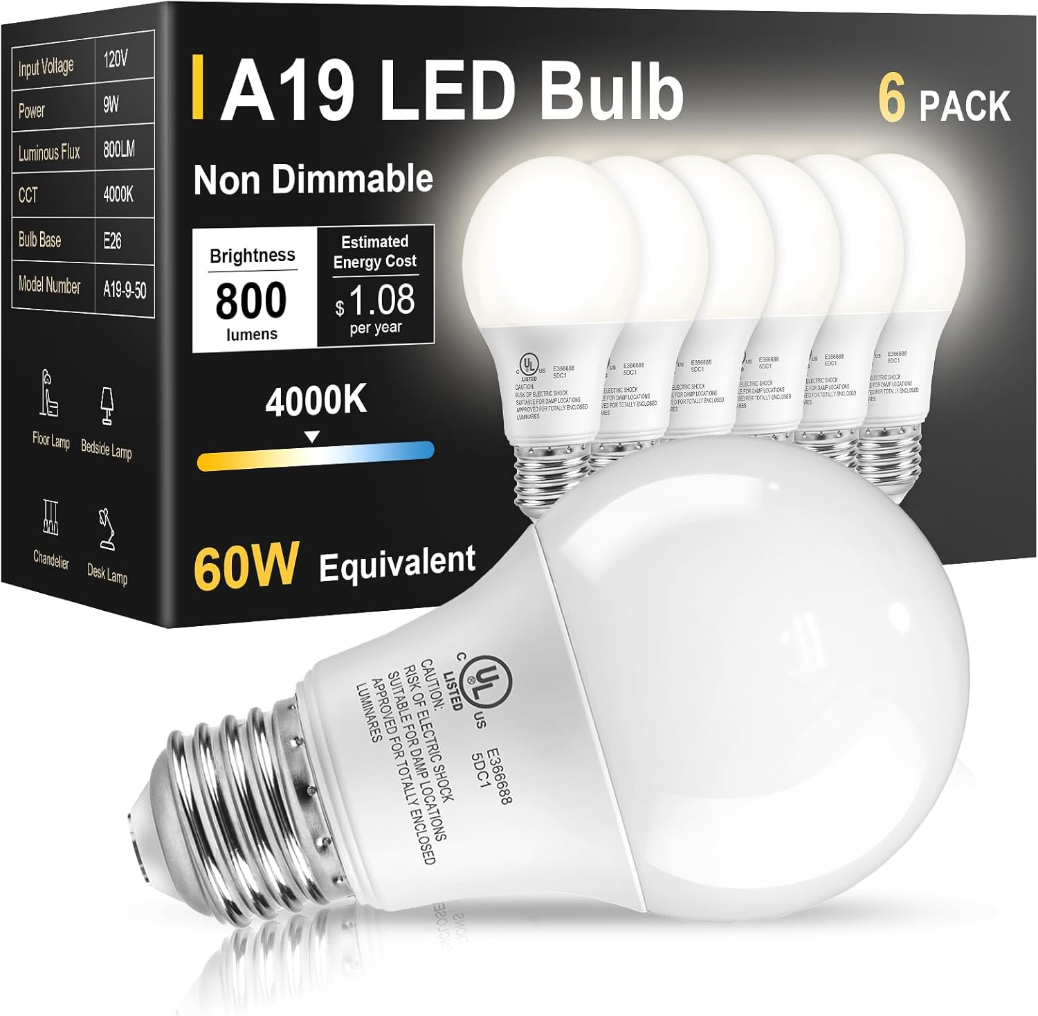 60 Watt Equivalent, Daylight White 5000k A19, Efficient 9