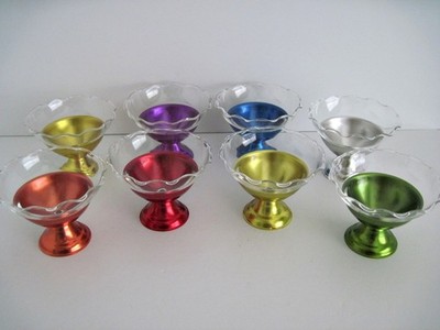 Vintage Set Of 8 Anodized Aluminum Dessert Cups With Glass Inserts MCM Colorama