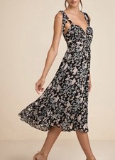 Lulus Lush Loveliness Black Floral Tie strap Midi Dress, Medium 