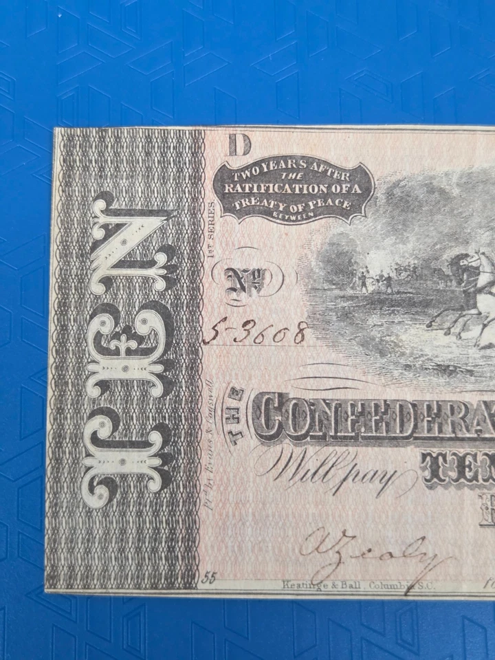 1864 $10 Ten Dollars Note The Confederate States of America Richmond - Image 2 of 4