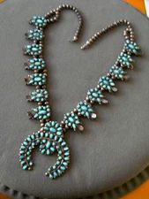 Native American Turquoise Petit Point Cluster 925 Silver Squash Blossom Necklace