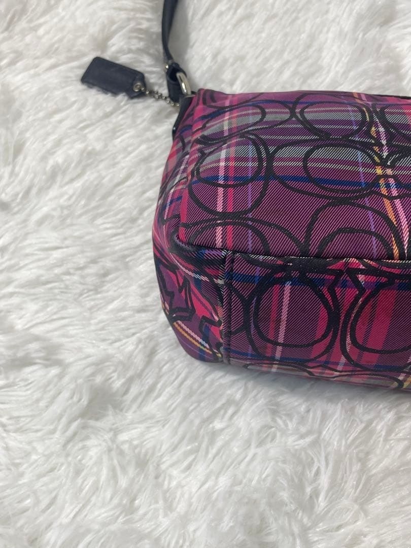COACH Signature Women's Hand Shoulder Bag Purple Tote check pattern Purse Used thumbnail 7