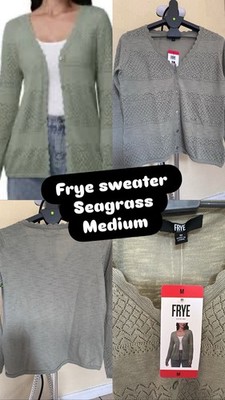 Frye Women's Pointelle Long Sleeve Cardigan, Sea Grass Green, M