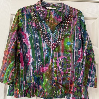 Soft Surroundings Mosaic Batik Tunic Top Embellished Dashiki Style Est. Sz Small