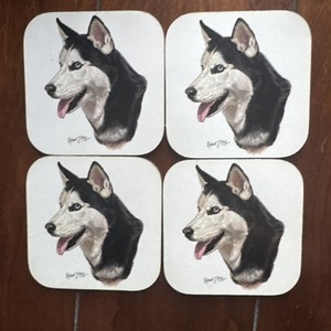 Siberian Husky Coasters Set of 4 Cork Backed 4" Art by Robert J. May VTG 90s