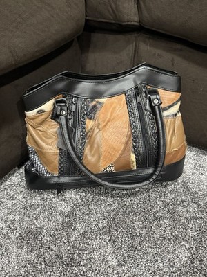 Patchwork Genuine Leather Women Brown Black Satchel Top Handle Purse Bag 