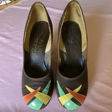 Vintage 1940&rsquo;s Women&rsquo;s Multicolor  Geometric Appliqu&eacute; Tapestry Pumps Size 7.5