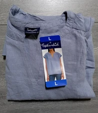 Splendid Top Adult Womens Large Blue V-Neck Linen Blend Loose Short Sleeve