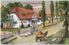 AK 1. WK Widoki z Krolestwa Polskiego 1917, Dorf in Polen, Gemeindehaus, Leute