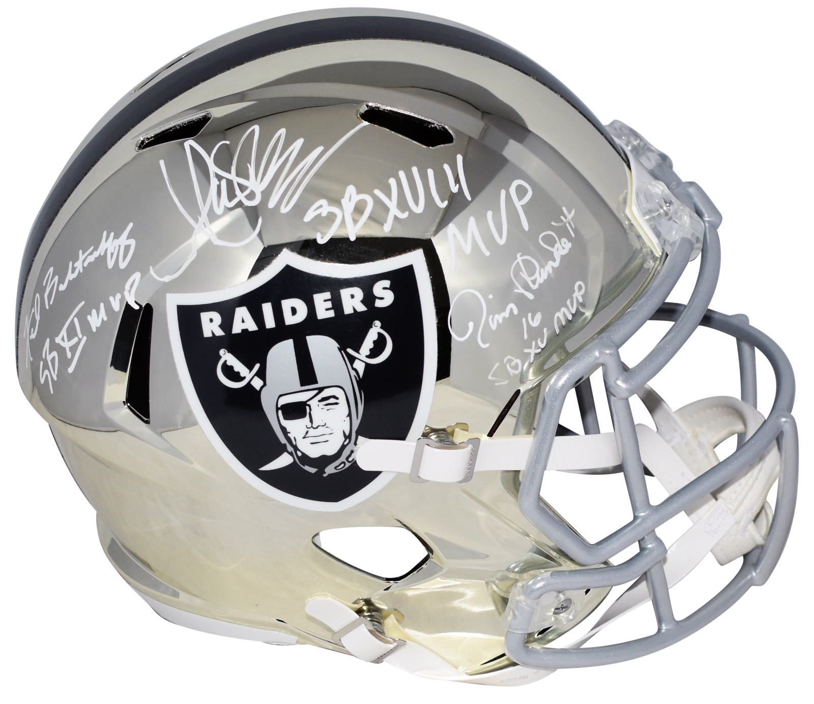 MARCUS ALLEN JIM PLUNKETT FRED BILETNIKOFF SIGNED OAKLAND RAIDERS CHROME HELMET 