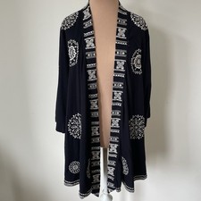 Johnny Was Embroidered Black Cotton Open Front 3/4 Sleeve Kimono Cardigan EUC S