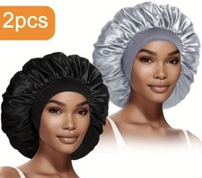 Black Silver Satin Bonnet for Women, Round Shape, Solid Pattern, 2pcs