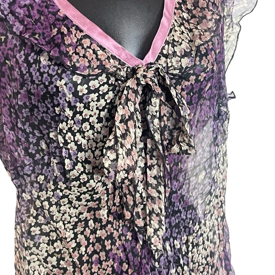 BLUSA DE SEDA TRANSPARENTE SUNNY LEIGH Y2K DE COLECCIÓN TALLA XL HADA PÚRPURA NEGRA FLORAL CAPRICHO Foto 3 de 4