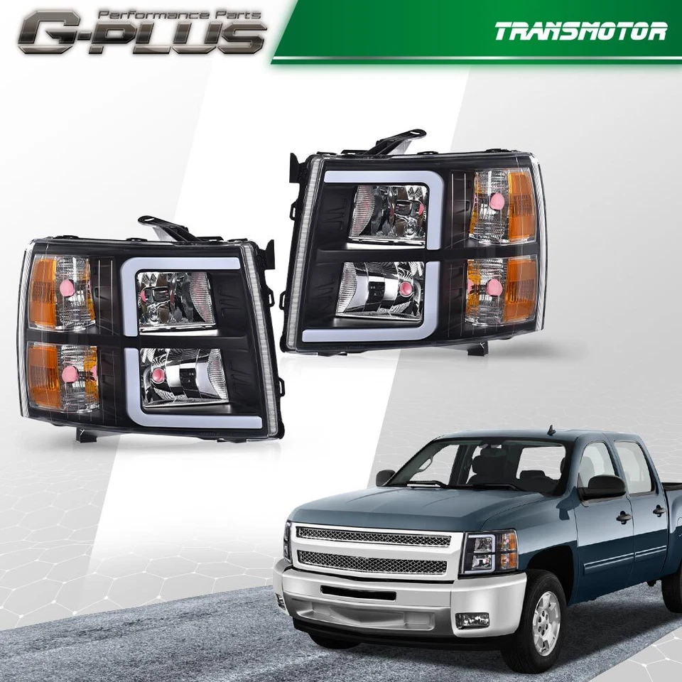 Fit for 2007-2013 Chevy Silverado 1500 2500 LED DRL Tube Headlights Black - Image 2 of 4