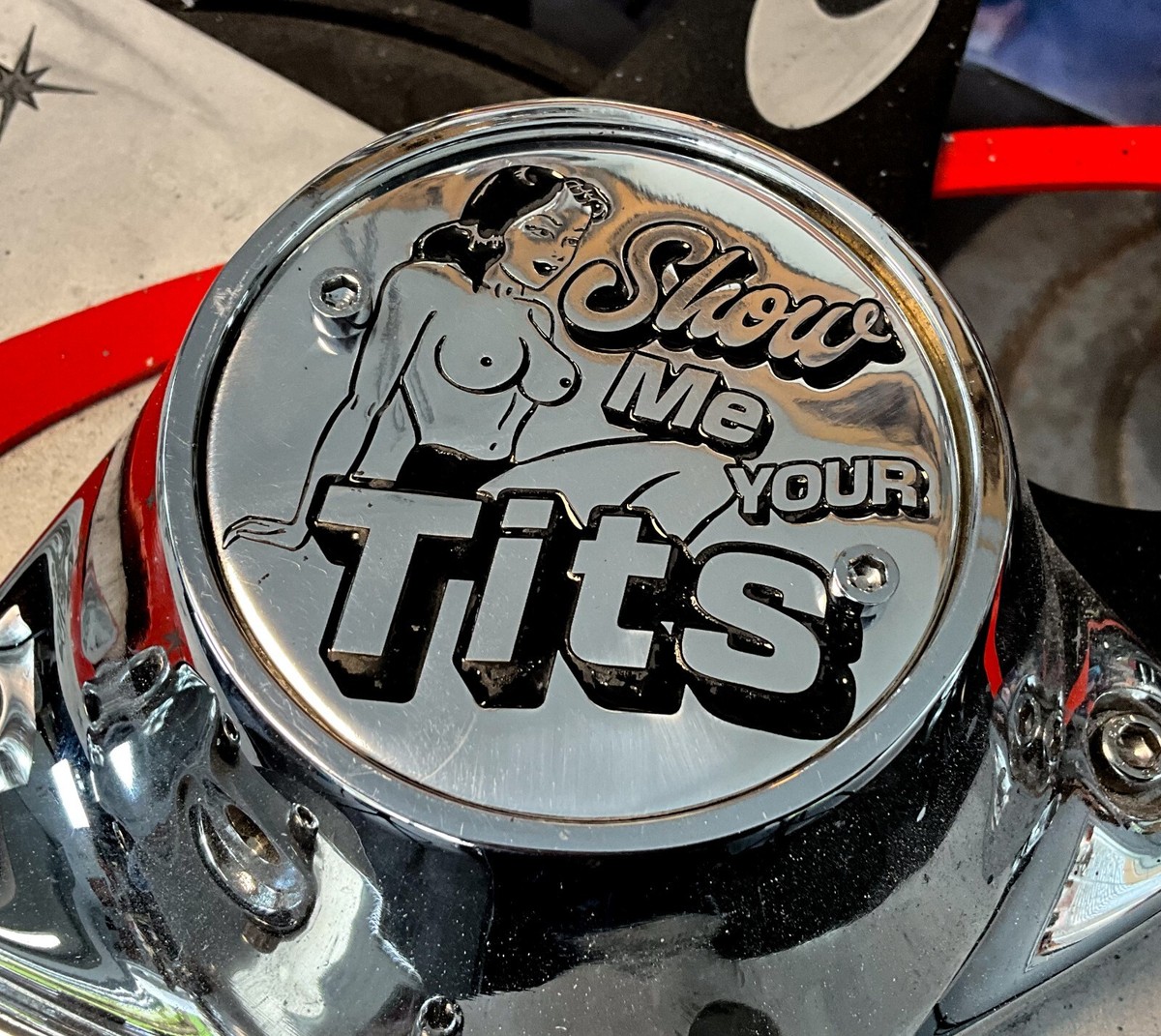 Show Me Your Tits Engraved Evo Shovelhead 2 Hole Timing Cover