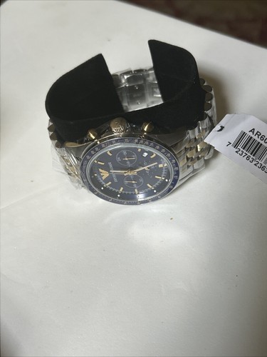 Emporio Armani Navy Blue Dial Chronograph Silver Gold Tone Men's Watch - Picture 9 of 16