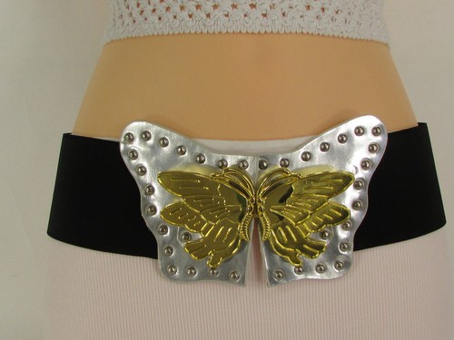 Women High Waist Black Stretch Trendy Belt Silver Gold Butterfly Buckle Size S M