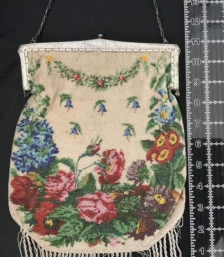Antike Mikro Perlen Geldbörse Multicolor Rosen Floral verziert Sterlingsilber Rahmen - Bild 19 von 21