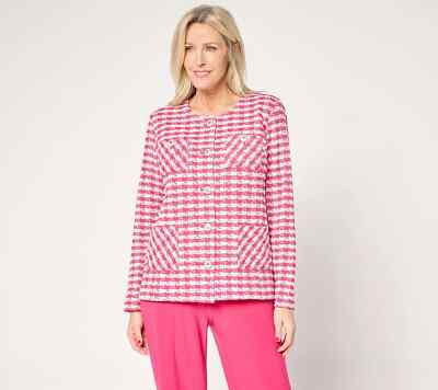Susan Graver Knit Boucle Jewel Neck Button Front Jacket-Rosy Glow-XL-NEW-A680518