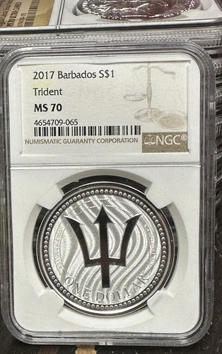 2017 $1 BARBADOS 1 OZ SILVER TRIDENT NGC MS70