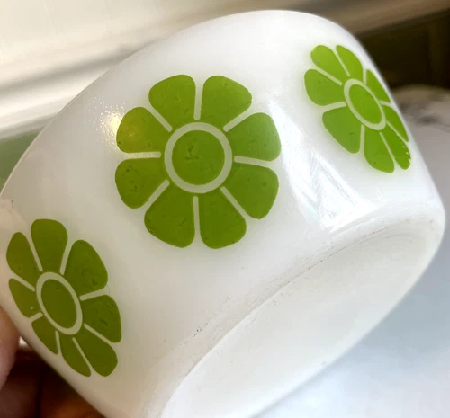 Vintage Federal Cereal Bowl Green Daisy Daises Hippie Flower Milk Glass