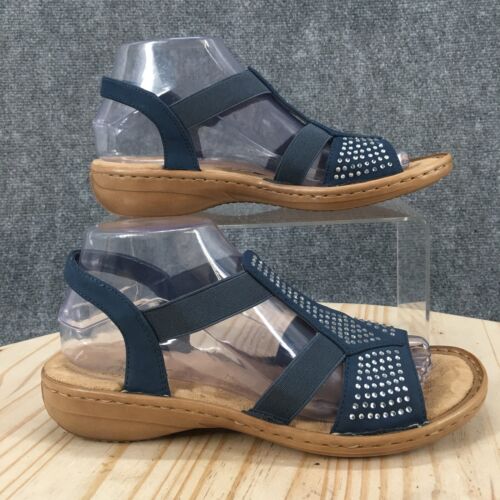 Rieker Sandals Womens 38 Slingback Rhinestone Low Heels Slip On Blue Fabric