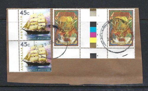 Australia 45c Polly woodside pair 45c gutter pr stamps on piece. Fine Used. FU.