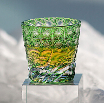 Edo Kiriko Crystal Small Sake Cup Shot Glass Hand Cut Sea Wave Green 35ml