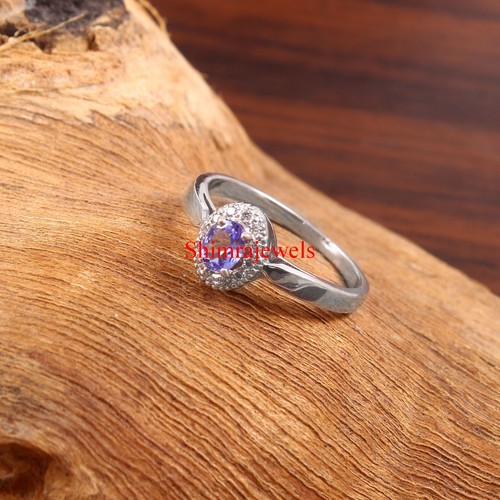Anillo De Mujer Con Piedra Natural De Tanzanita Y Baño De Oro Blanco De 18K #629 - Imagen 3 de 11