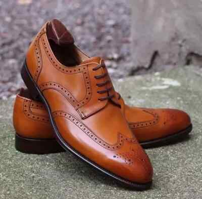 Handmade Men's Brown Wing Tip Brogue Derby Lace Up Dress Leather Business Shoes