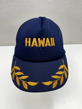 R.O.C Trucker Hat Hawaii Mesh Adjustable Snap Back Cap Blue Yellow Leafs Vintage