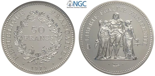 FRANCE , SILVER PIEFORT 50 FRANCS 1979 NGC PF68 CAMEO ( U ) ,, RARE