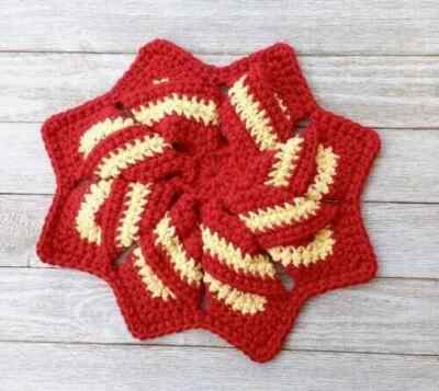 handmade crochet flower dish cloth trivet kitchen swirly red yellow new