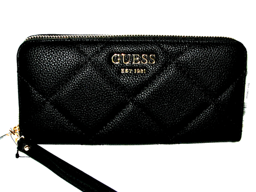 GUESS Fantine Black Logo Quilted Leather Zip Around Wristlet Wallet NWT🎀NEW🎁
