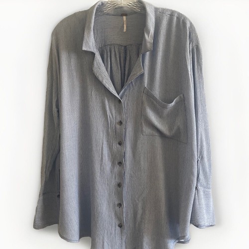FREE PEOPLE Magic Breeze Blue Micro Stripe Bell Cuff Button Down Shirt Size S - Picture 3 of 10
