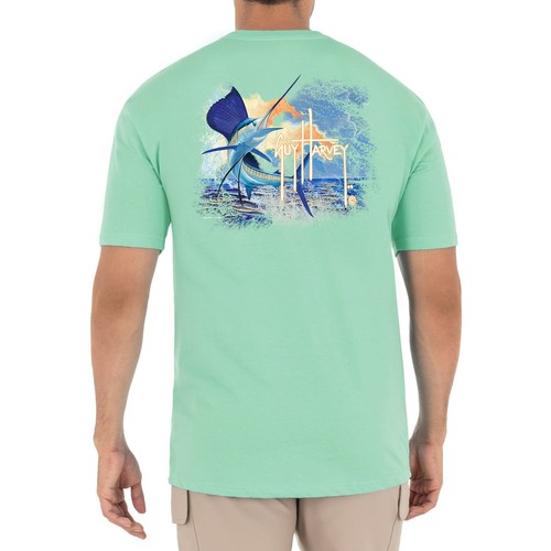 Guy Harvey Herren Sunset Sailfish Logo Grafik T-Shirt Strand Glas Aqua-Medium
