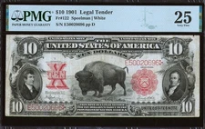 1901 $10 Legal Tender Bison Note FR.122 - PMG 25 Very Fine