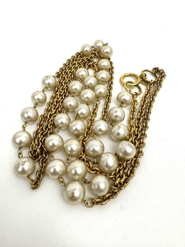 CHANEL Double Chain Pearl Beaded Necklace Gold Plated Vintage with Box Authentic - Picture 3 of 9