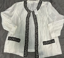 NWT Chicos Size 3 XL Linen Pearl Beaded Jacket Open Front Embellished Coastal