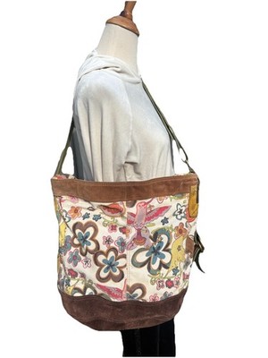 Vintage Lucky Brand Suede Canvas Floral Bird Print Soho Bucket Shoulder Bag EX