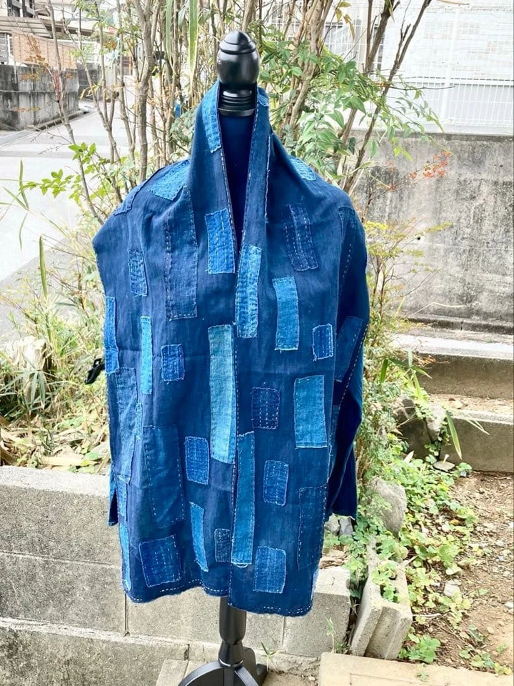 Bufanda vintage de algodón con retazos Sashiko estola boro índigo japonesa hecha a mano 12x75 Foto 4 de 4