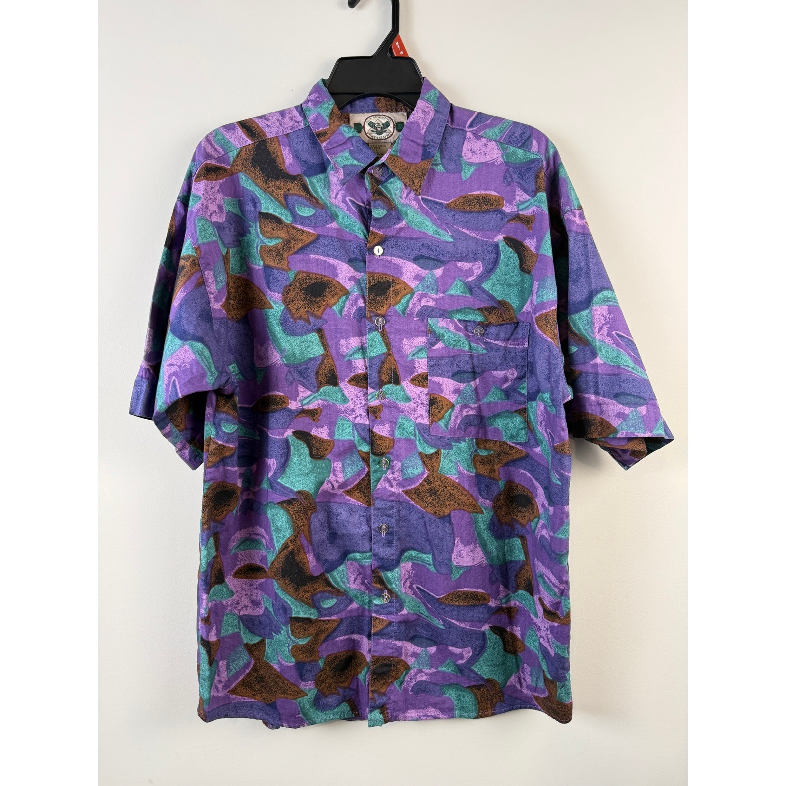 Camisa High Advantage Vintage Años 90 Estampado Artístico Para Hombre Grande Púrpura Verde azulado 100% Algodón