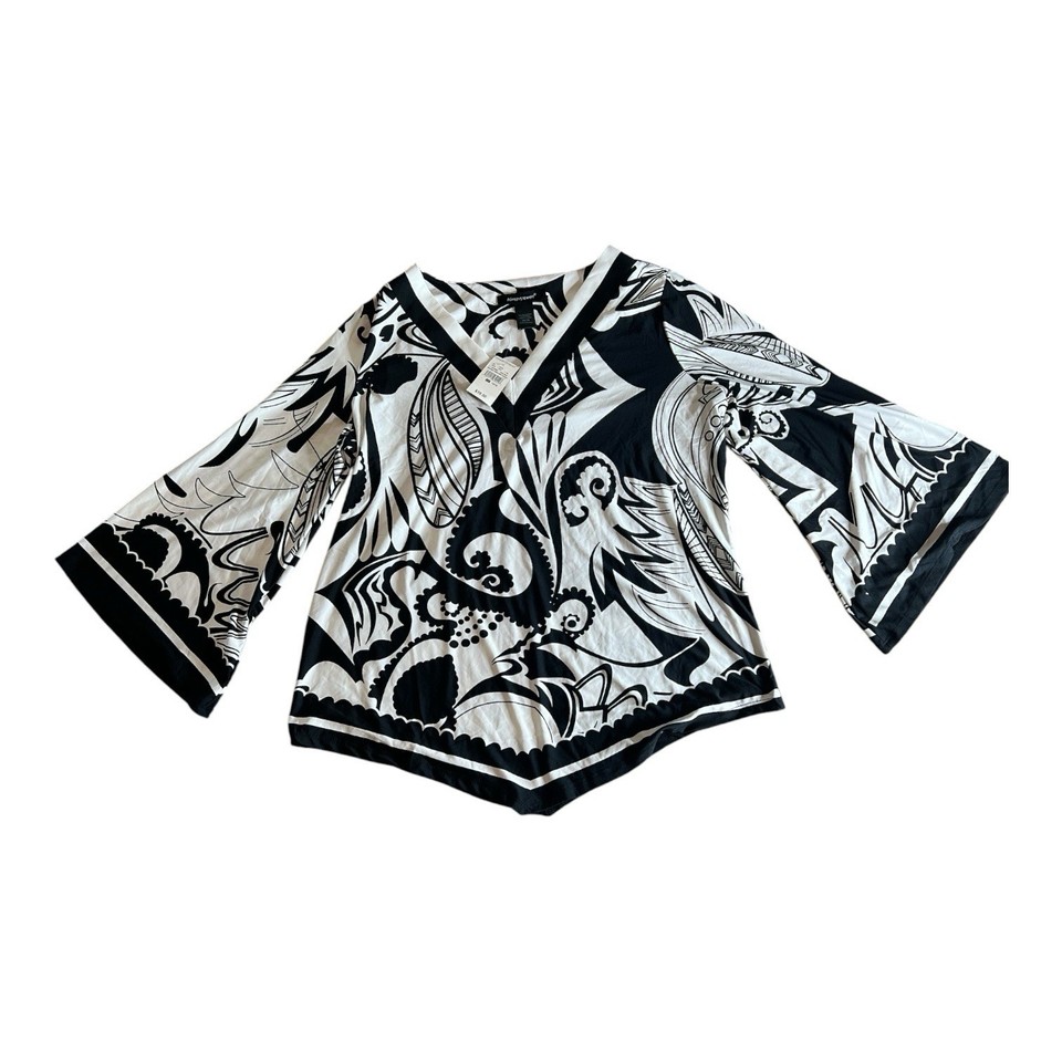 Ashley Stewart 14/16 Black White Abstract V-Neck Bell Sleeve Top | eBay