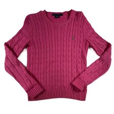 Ralph Lauren Women's Pink M Cable Knit Pony Logo Sweater Preppy Classic
