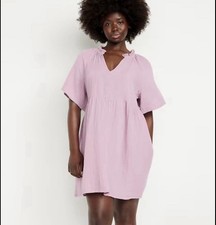 Old Navy Split-Neck Crinkle Gauze Mini Swing Dress XXL Tall Rose Pink NEW w TAG
