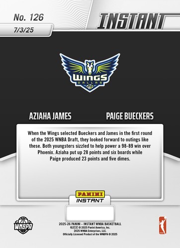 2025 Panini Instant WNBA #126 Aziaha James Paige Bueckers Wings RC PRESALE - Picture 2 of 2