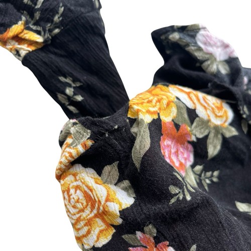 American Eagle Women M Black Yellow Pink Floral Long Ruffle Sleeve Peplum Blouse - Picture 15 of 19